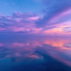 Peaceful sunset reflection on calm water.  Pastel clouds mirrored in still water