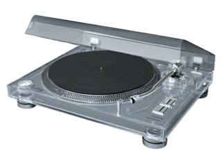 Clear plastic turntable with a black platter.  A  stylus  and  controls are visible