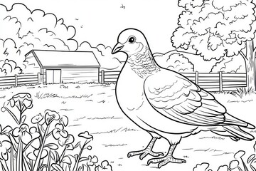 Coloring page for kids with adorable pigeon on farm, simple cartoon line art style, strong black outlines, easy shapes on white background vector illustration