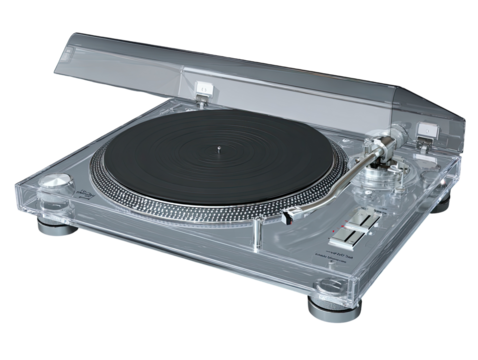 Clear plastic turntable with a black platter.  A  stylus  and  controls are visible