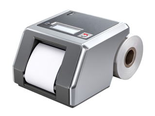 Gray metallic receipt printer with paper roll