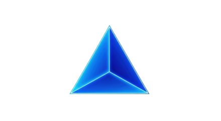 A singular, sharp electric blue triangular geometric form with a digital gradient and internal glow, isolated on a transparent background with copy space, concept of futuristic UI/UX design