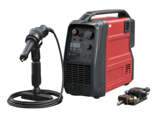 Red and black welding machine set.  Features a welding gun, power supply unit, and a separate welding clamp.  High-tech industrial look