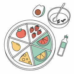Healthy balanced meal plate with fruits vegetables cheese egg and oil bottle for nutrition