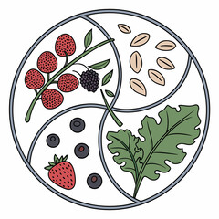 Healthy eating concept with berries greens and seeds arranged in a circular design