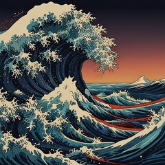 A dramatic depiction of a colossal ocean wave, echoing hokusais the great wave, with a vintage aesthetic and a sense of impending natural force