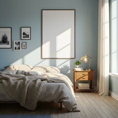 Obraz premium Golden Hour Sunlight Illuminates a Tranquil Bedroom with a Blank Wall Art Mockup.