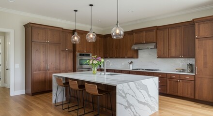A luxurious modern kitchen with dark wood cabinets and a large island.