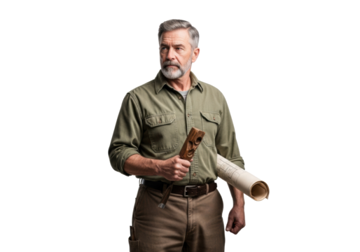Grizzled caucasian man in faded olive work shirt, rolled sleeves, holding rustic carving tool & architectural blueprint, standing against transparent studio background with copy space, showcasing