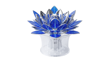 Photorealistic futuristic crystalline flora assemblage with metallic silver petals and glowing blue foliage in polymer casing, isolated on a transparent studio background with copy space, concept of