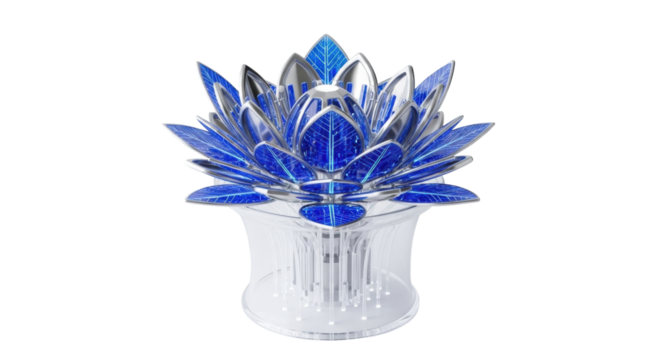 Photorealistic futuristic crystalline flora assemblage with metallic silver petals and glowing blue foliage in polymer casing, isolated on a transparent studio background with copy space, concept of