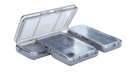 Clear plastic organizer with compartments.  Two sections open