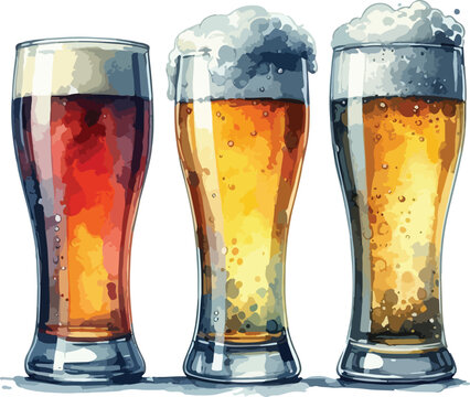 Three glasses of refreshing beer with frothy foam illustration perfect for brewery or bar advertising featuring different beer colors and styles