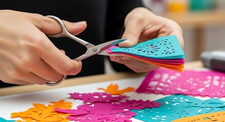 Delicate Papel Picado Creation: Crafting Colorful Paper Art, A Close-Up View of Skilled Hands Cutting Intricate Papel Picado Designs