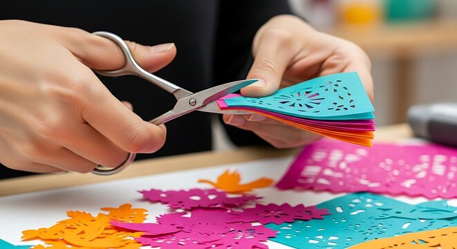 Delicate Papel Picado Creation: Crafting Colorful Paper Art, A Close-Up View of Skilled Hands Cutting Intricate Papel Picado Designs - Powered by Adobe