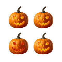 Four Carved Halloween Pumpkins with Different Faces Isolated on White Background