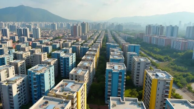 Panoramic view on the city buildings. New residential area with modern housing for city residents. Many colorful block of flats in new urban district. Aerial view.