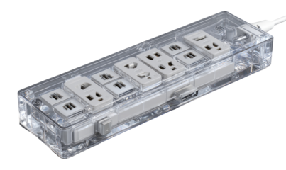 Clear plastic power strip with multiple outlets