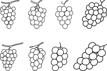 Set of black and white grape cluster illustrations. Eight unique and detailed vector drawings of fruit bunches, perfect for food-themed designs, logos, or wine labels.
