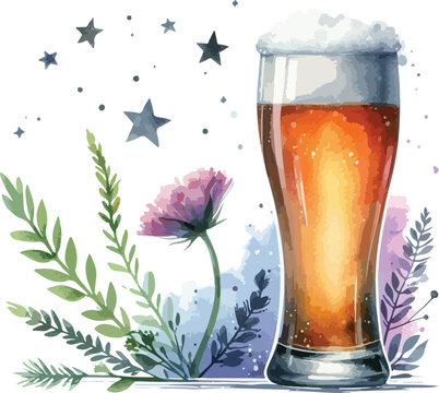 Watercolor Beer Glass Illustration with Floral and Star Accents Decorative Craft Beverage Artwork for Restaurant Menu and Festive Designs