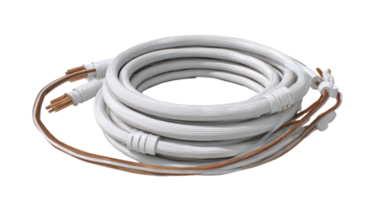 Coiled white audio cable with copper accents.  The cable is tightly coiled, showing a smooth, white outer jacket.  Copper-colored insulation is visible between the inner conductors.
