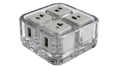 Transparent, square power hub with four outlets.  Four small, light gray, square electrical outlets are nestled inside a larger, clear acrylic box.  Each outlet has a plug.