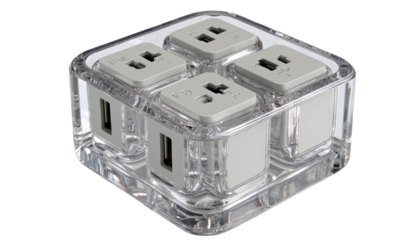 Transparent, square power hub with four outlets.  Four small, light gray, square electrical outlets are nestled inside a larger, clear acrylic box.  Each outlet has a plug.