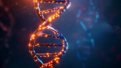 Digital DNA Helix. Glowing 3D DNA helix made of neon particles slowly rotating in dark futuristic space. - Powered by Adobe
