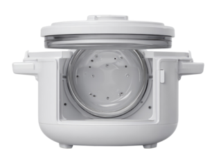 Open modern rice cooker, showcasing inner workings.  A light gray, rounded cooker with a clear glass inner pot visible.  The lid is open, revealing the pot and holes in the bottom