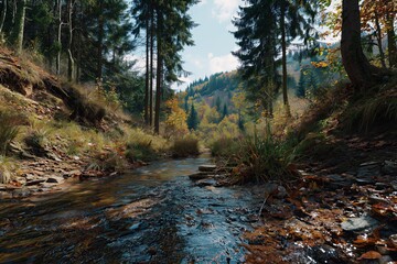 Landscape of an autumn forest with a river. Nature, deciduous forest, cloudy weather. Illustration, design, cover for an article, website.