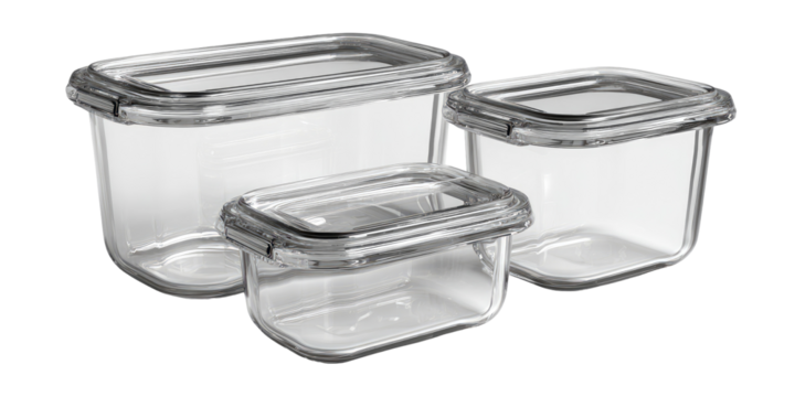 Three clear glass food storage containers with lids