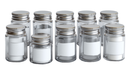 Clear glass jars with white labels and metal lids