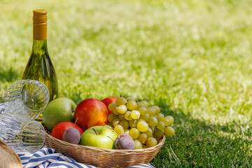 Picnic with wine, fruits, and baguette on a green meadow