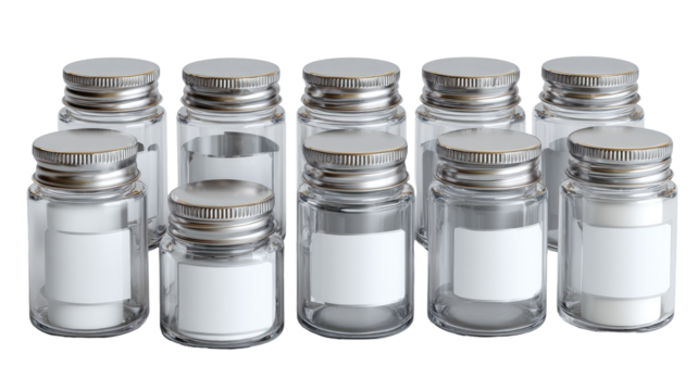 Clear glass jars with white labels and metal lids