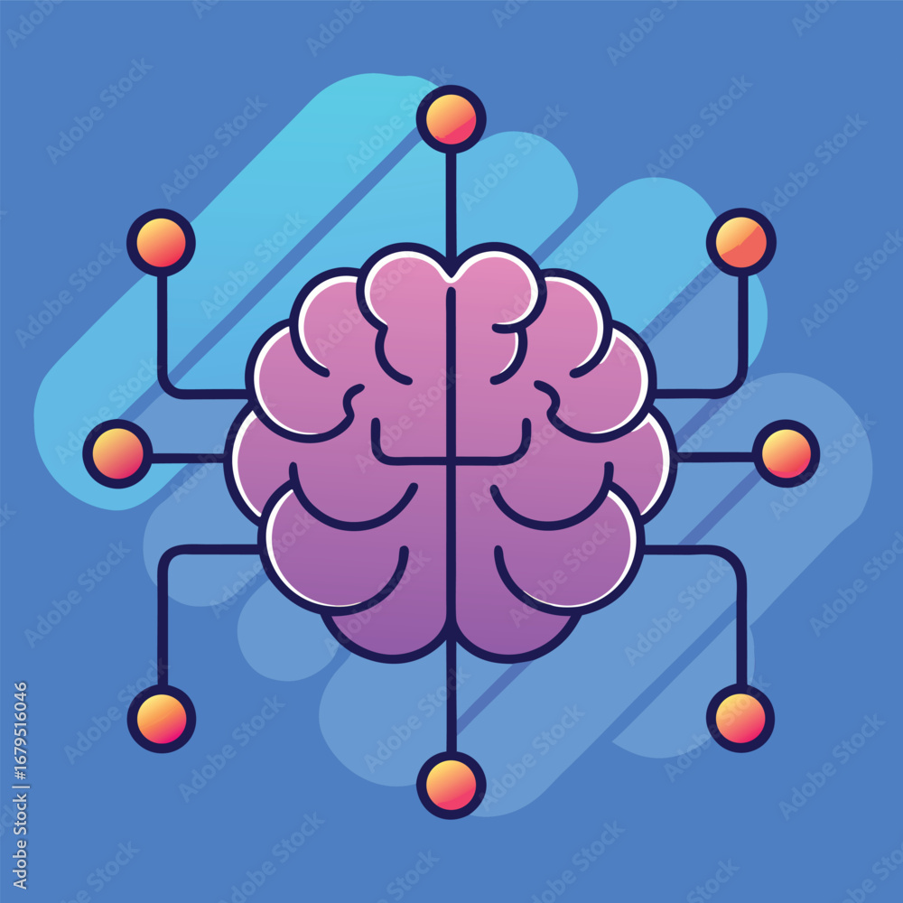 Fototapete Vector AI brain with gradient neon effect, connected nodes representing artificial intelligence networks