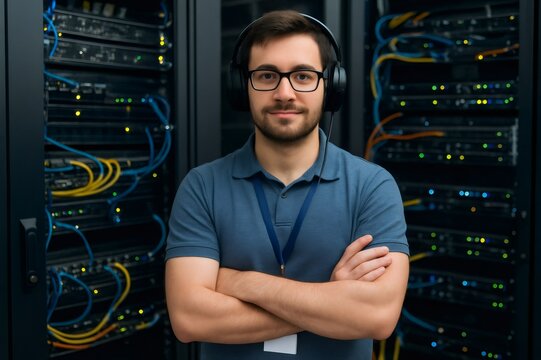 IT technician wearing headphones and crossing arms while working in a modern server room, managing complex network systems and data