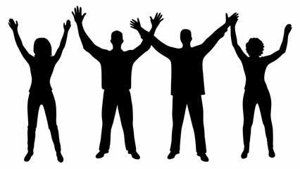 Silhouette of four people with arms raised in celebration and happiness against a white background image | editable eps vectors