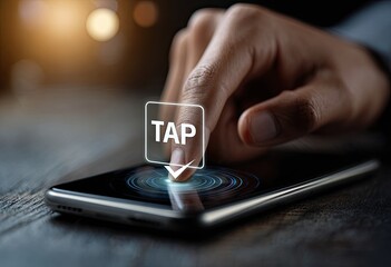 A hand touches a glowing "TAP" button on a phone screen
