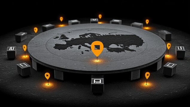 European map, circular base, illuminated location markers