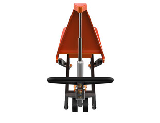 An orange hand pallet truck (pallet jack) in an extended, raised position, ideal for lifting and moving heavy loads. This high-resolution, isolated 3D render is on a PNG Transparent HD Background,