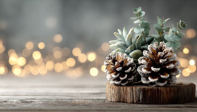 Festive pine cones and greenery on a rustic wooden slice, blurred holiday lights in background