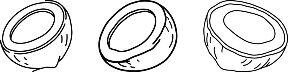 Set of black and white coconut halves. Three detailed vector line drawings of split coconuts, perfect for food, tropical, summer, or healthy eating-themed designs.
