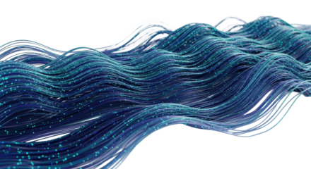Luminous deep indigo, iridescent teal fibrous abstract pattern, undulating like a neural network, isolated on transparent, macro perspective, ultra-detailed, 8K. Concept of digital intelligence