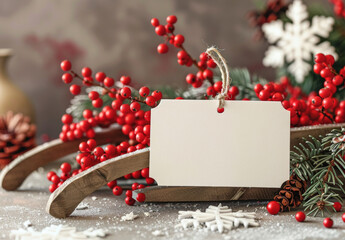Blank greeting card with festive red berries, pine and snow for Christmas or holiday season