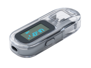 Small, light gray, handheld device with a clear protective casing.  Digital display shows time