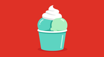 Delicious soft serve ice cream in a teal cup with two scoops of mint and vanilla on a vibrant red background