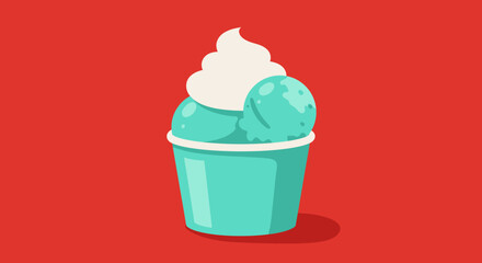 Delicious teal soft serve ice cream cone with creamy white swirl on a vibrant red background