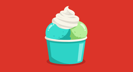 Delicious colorful soft serve ice cream in a teal cup with whipped cream topping against a red background