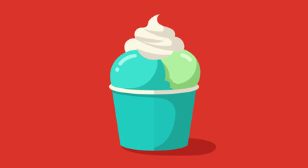 Refreshing teal cup filled with two flavors of ice cream topped with whipped cream on red background