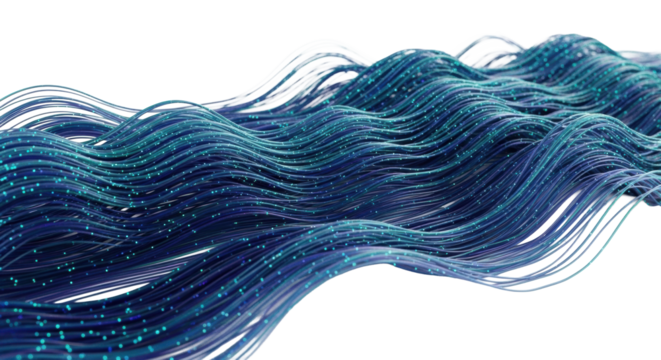 Luminous deep indigo, iridescent teal fibrous abstract pattern, undulating like a neural network, isolated on transparent, macro perspective, ultra-detailed, 8K. Concept of digital intelligence